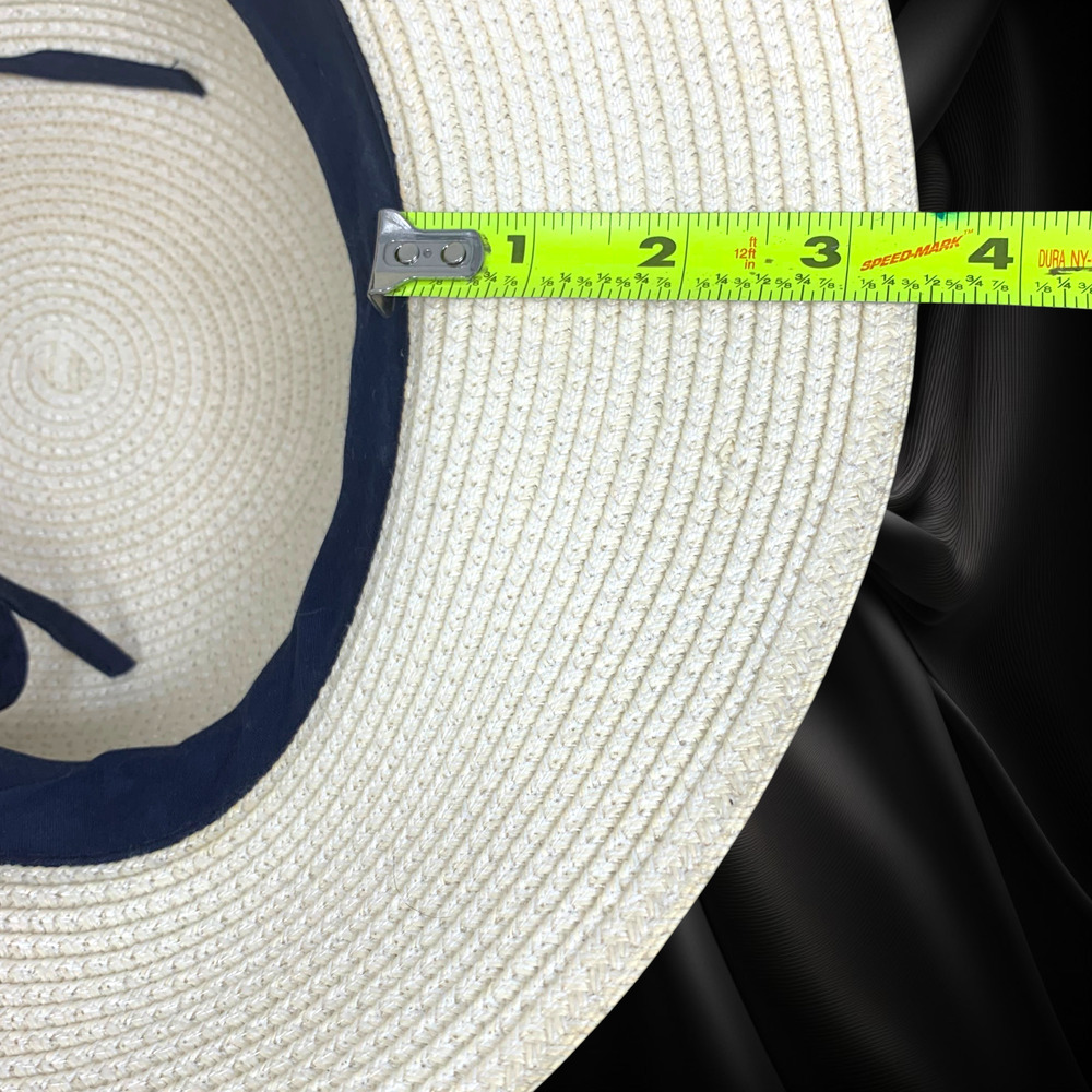 Global Glamour Raffia Hat White Tall Crown 3.5" Brim Navy Band O/S Adjustable - Picture 10 of 10